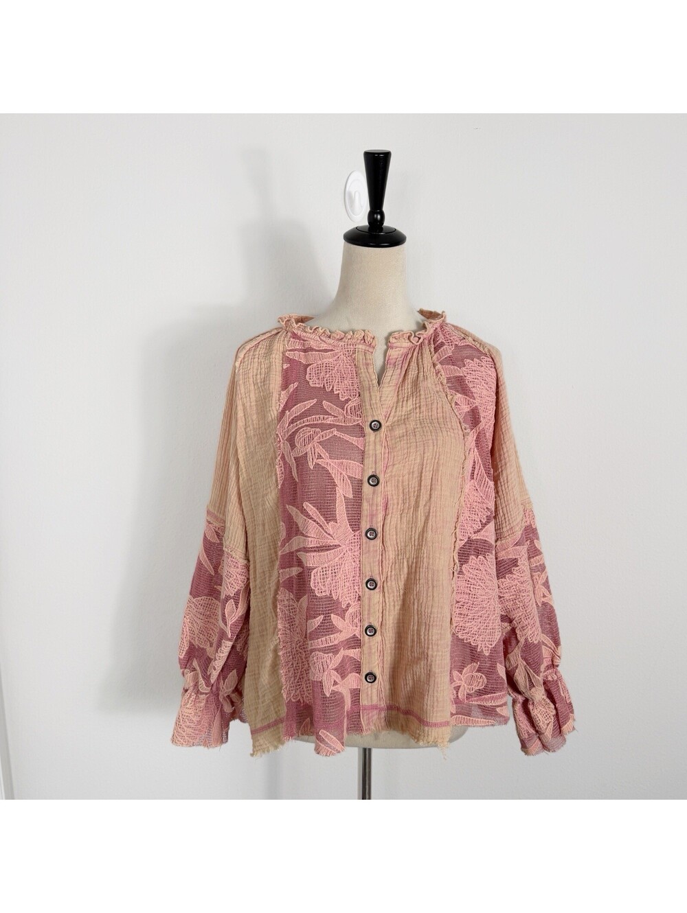 Oli & Hali Women's Pink Floral Gauze Button Up Baby Doll Blouse Top Small